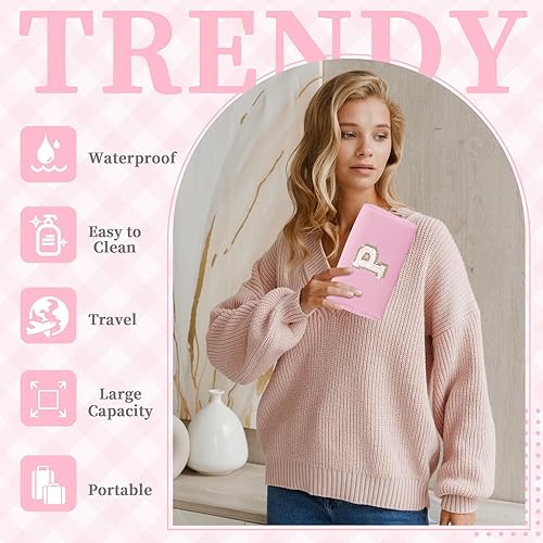 Miniatura 4 de Pequeña bolsa de parche personalizada con inicial, de piel sintética rosa, con purpurina, para cosméticos, regalo de cumpleaños para adolescentes,