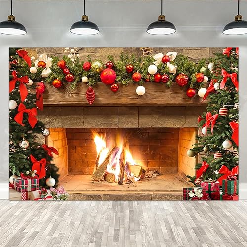 Lofaris Telón de fondo de chimenea de Navidad de 9 x 6 pies, diseño vintage de árbol de fuego, medias rojas, regalos de fondo de fotografía de