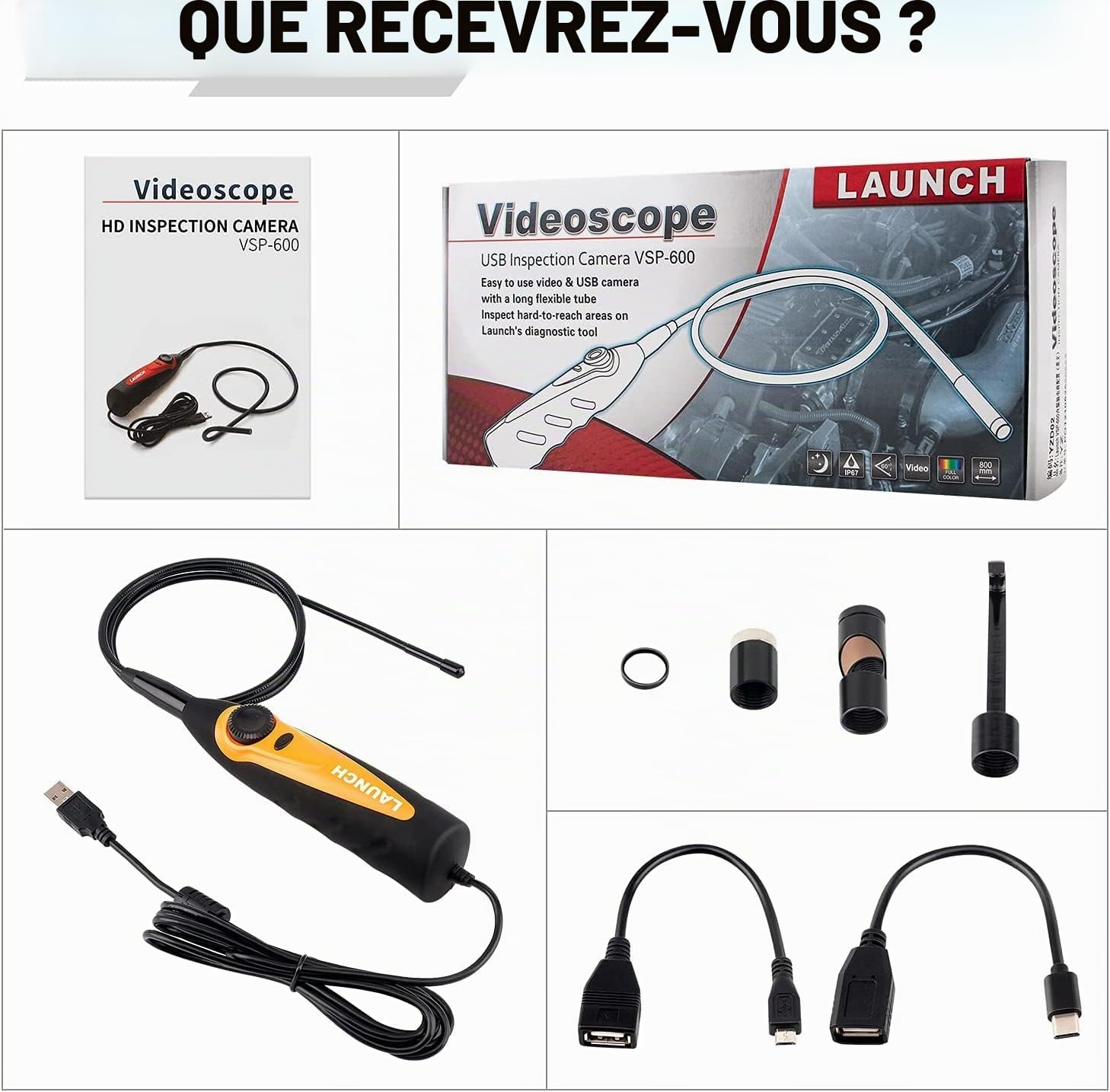 LAUNCH X431 VSP-600 USB Endoscope, 0.21 inch Snake IP67 Waterproof HD Videoscope Borescope, Suit pour X431 V, X431 PRO3S+ Scanner & Android Phone, with 6 Adjustable LED Lights