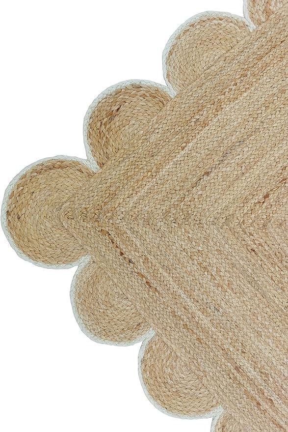 knight fury Scalloped Natural Jute Area Rug, Hand Woven Classic Rug Kitchen Rugs, Rugs for Living & Bedroom (White, 2x3 feet)