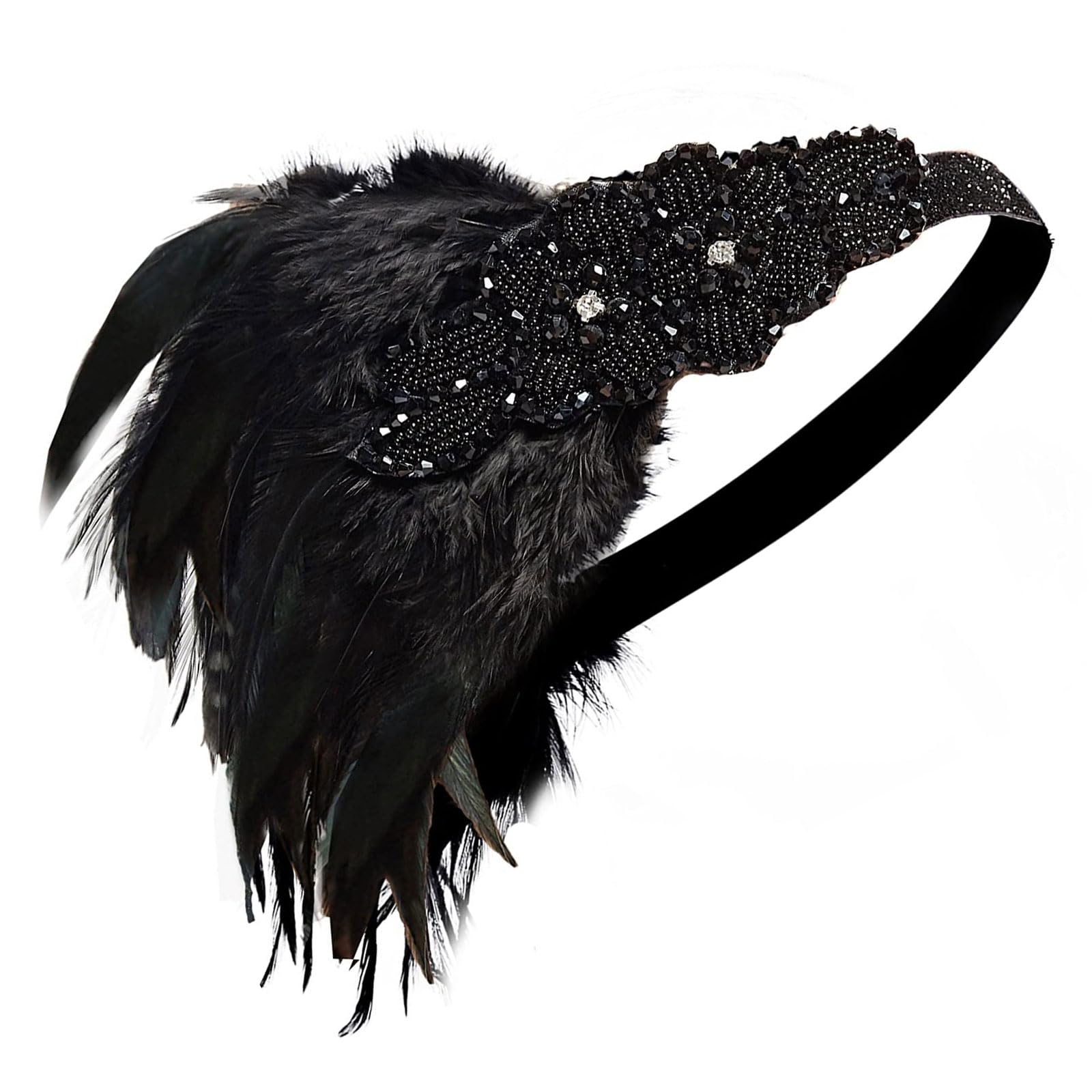 Kabwea 1920s Masquerade Women's Diamond Feather Headband, Hair Band Women, 20s Accessories, 20s Costume, Black, XL