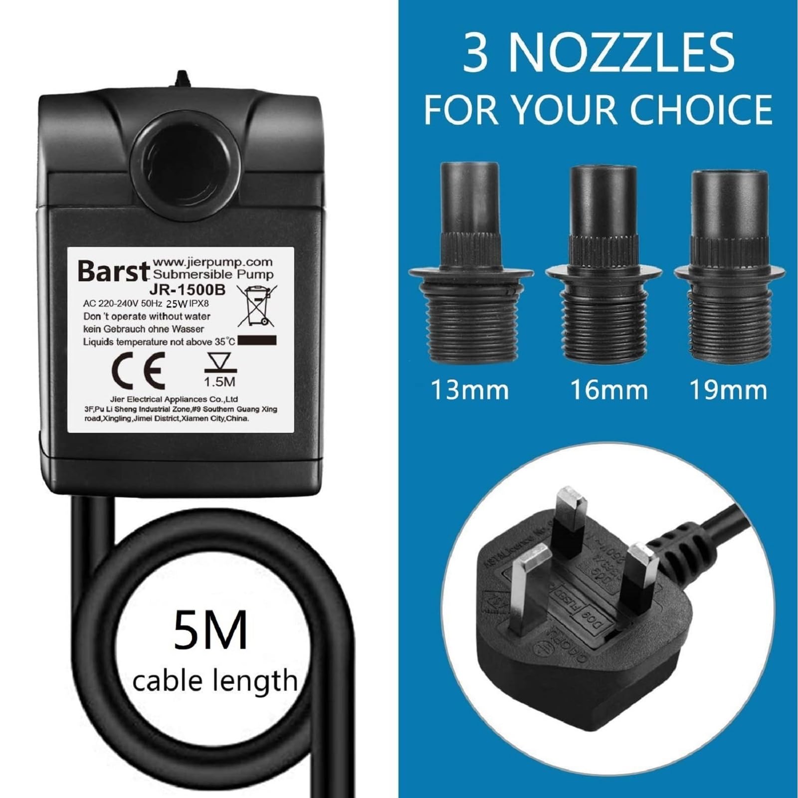 BARST Bomba de agua sumergible de 1500 l/h, bomba de acuario ultra silenciosa para fuentes, piscina, pecera, estanque, hidroponía, estatua con 4 ventosas Srtong, 3 boquillas (30 W, cable de