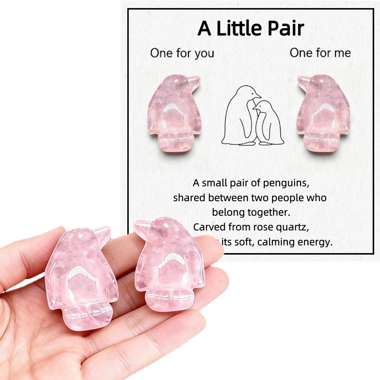 Virelle 2 Cute Rose Quartz Penguin Healing Crystal Gifts for Women, Anxiety Relief Worry Stones for Stress & Anxiety, Crystal Animal Ornaments for Boyfriend Girlfriend Wife Husband (Rose Quartz)