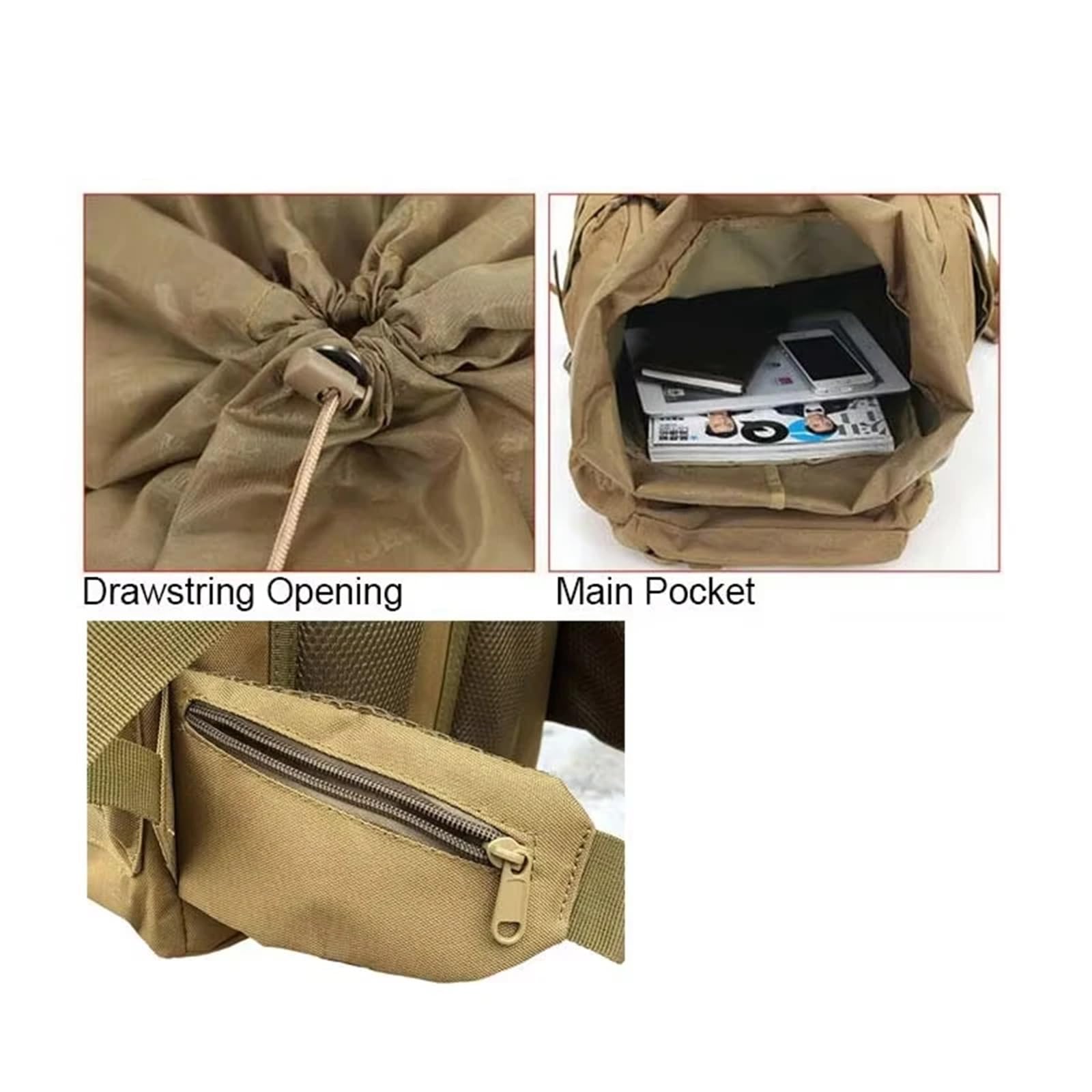 60L Männer Tasche Taktische Rucksack Klettern Bergsteigen Sport Outdoor Molle for Gepäck Camping Reise Geeignet für Camping, Outdoor, Wandern(Khaki)