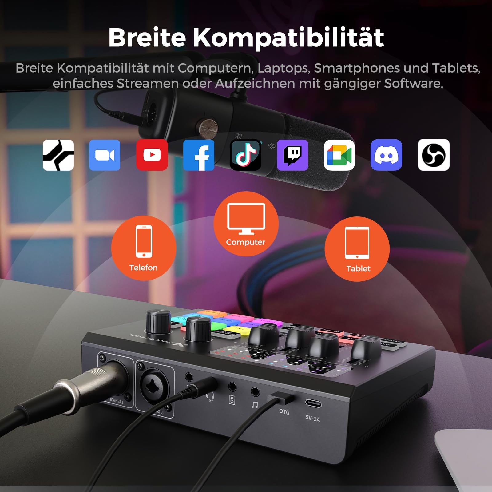 NearStream Mikser audio dla graczy z profesjonalnym przedwzmacniaczem mikrofonowym, dwoma wejściami XLR/6,35 mm, zasilanie fantomowe 48 V, RGB, zniekształcacz głosu, Soundpady – interfejs audio do