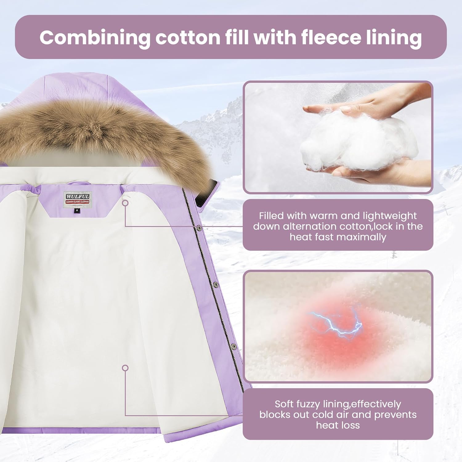 WULFUL Boy's Girls Winter Coats Waterproof Fleece Lined Puffer Jackets Kids Thicken Outerwear With Detachable Hood