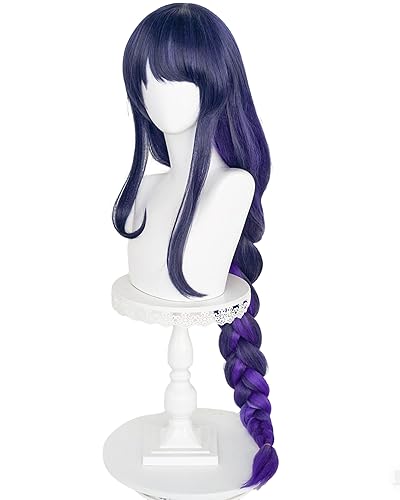 Miniatura 7 de Half and Half Raiden Shogun - Peluca larga para cosplay, color morado oscuro, degradado, pelucas trenzadas de anime con flequillo, cabello sintético