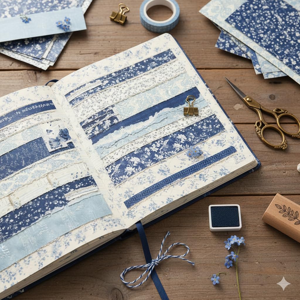 24 Sheets Scrapbook Paper Vintage Blue Floral Pattern Double Sided Printing Craft Paper for DIY Card Making Scrapbook Photo Album Home Décor-12 x 12 Inches