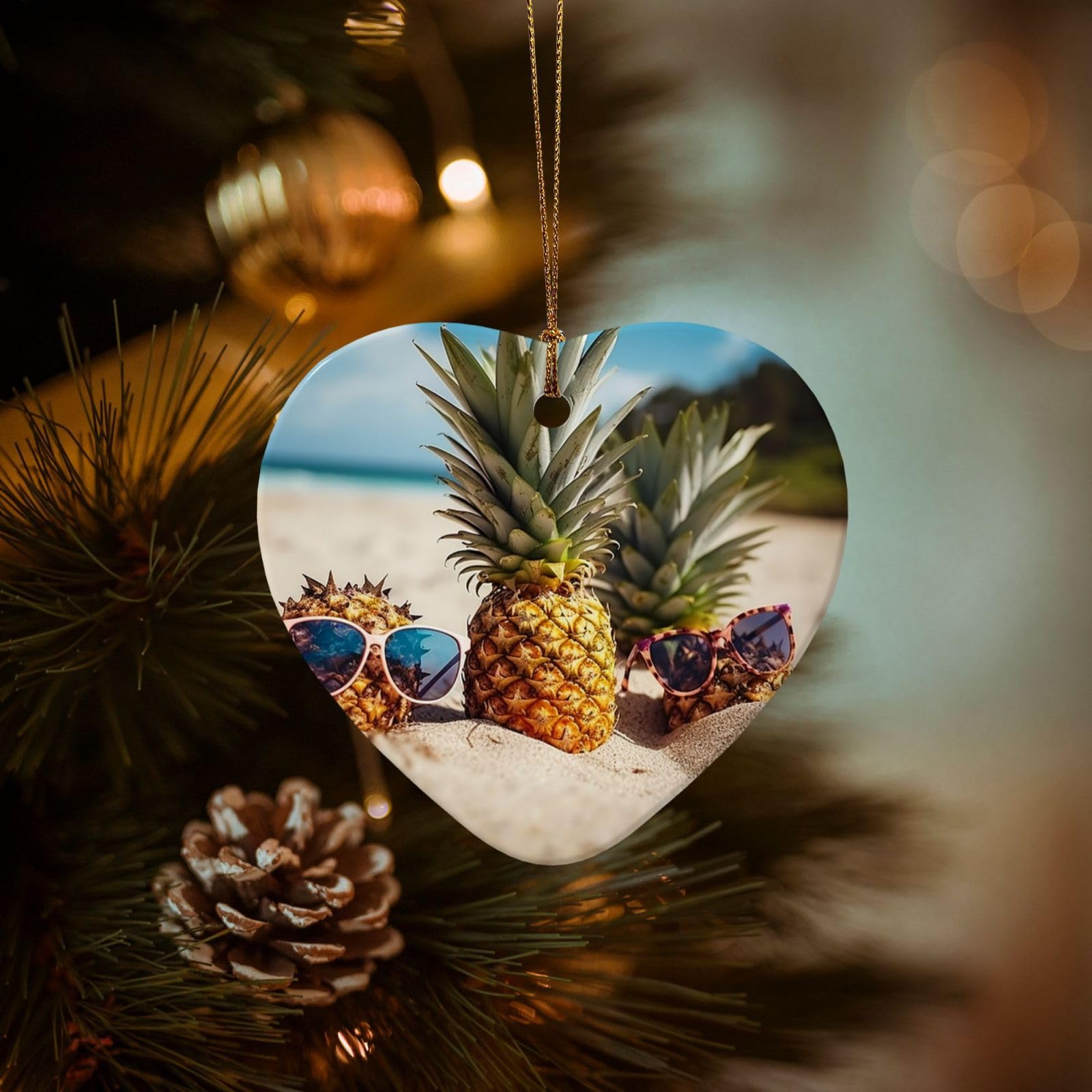 Christmas Tree Ornaments Ceramics Christmas Decorations Pineapple Sunglasses Sand Beach Ornaments with Gold Ribbon Porcelain Xmas Tree Crafts Heart Shape Hanging Pendant for Christmas Tree Party Decor