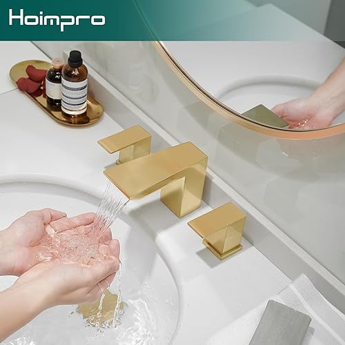 Miniatura 3 de Hoimpro Grifo de baño de 3 agujeros de 8 pulgadas, grifo de lavabo de baño de dos manijas en cascada, fregadero de tocador de baño, grifo dorado