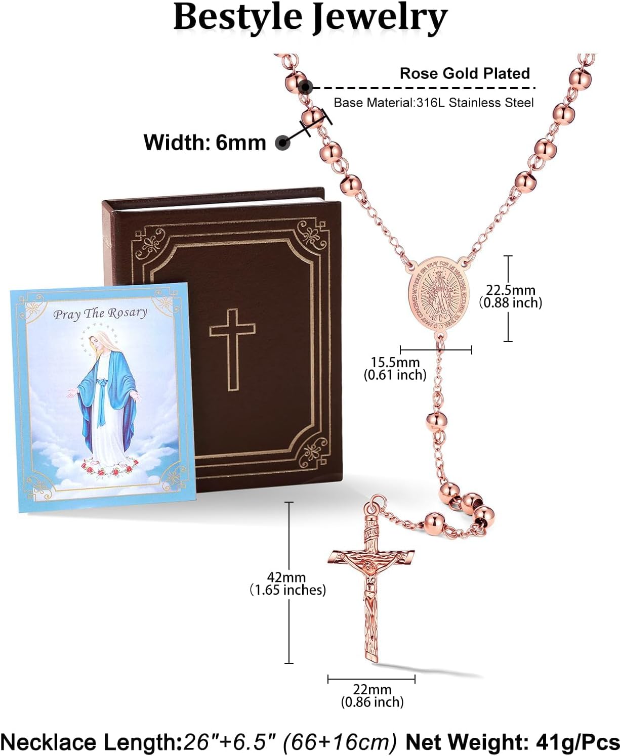 Bestyle Catholic Rosary Beads Necklace for Women Men with Cross Bible Verse Package, 4mm/6mm Virgin Mary Rosary Bead Cross Necklaces in Silver/Gold/Black/Rose Gold Tone - Image 8