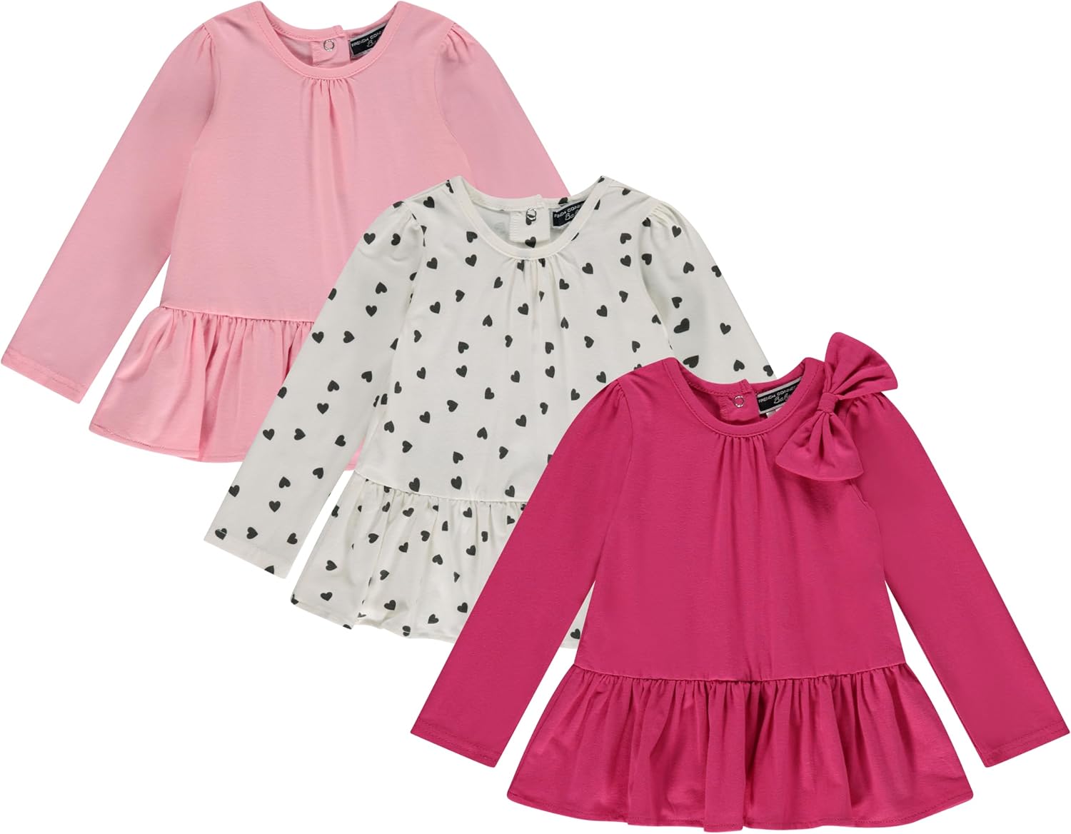 French Connection 3-Pack Baby Girls Peplum Long Sleeve Tops – Soft Cotton Blend Knit – Bow, Print & Solid – Sizes 0–3M to 24M