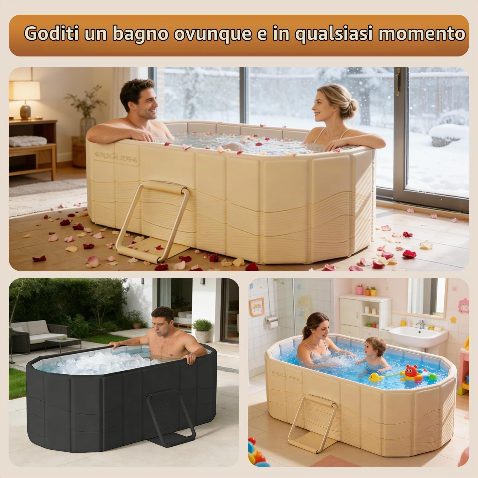 Vasca da bagno pieghevole 2 in 1, vasca da bagno pieghevole in PVC, 150 cm, colore: nero