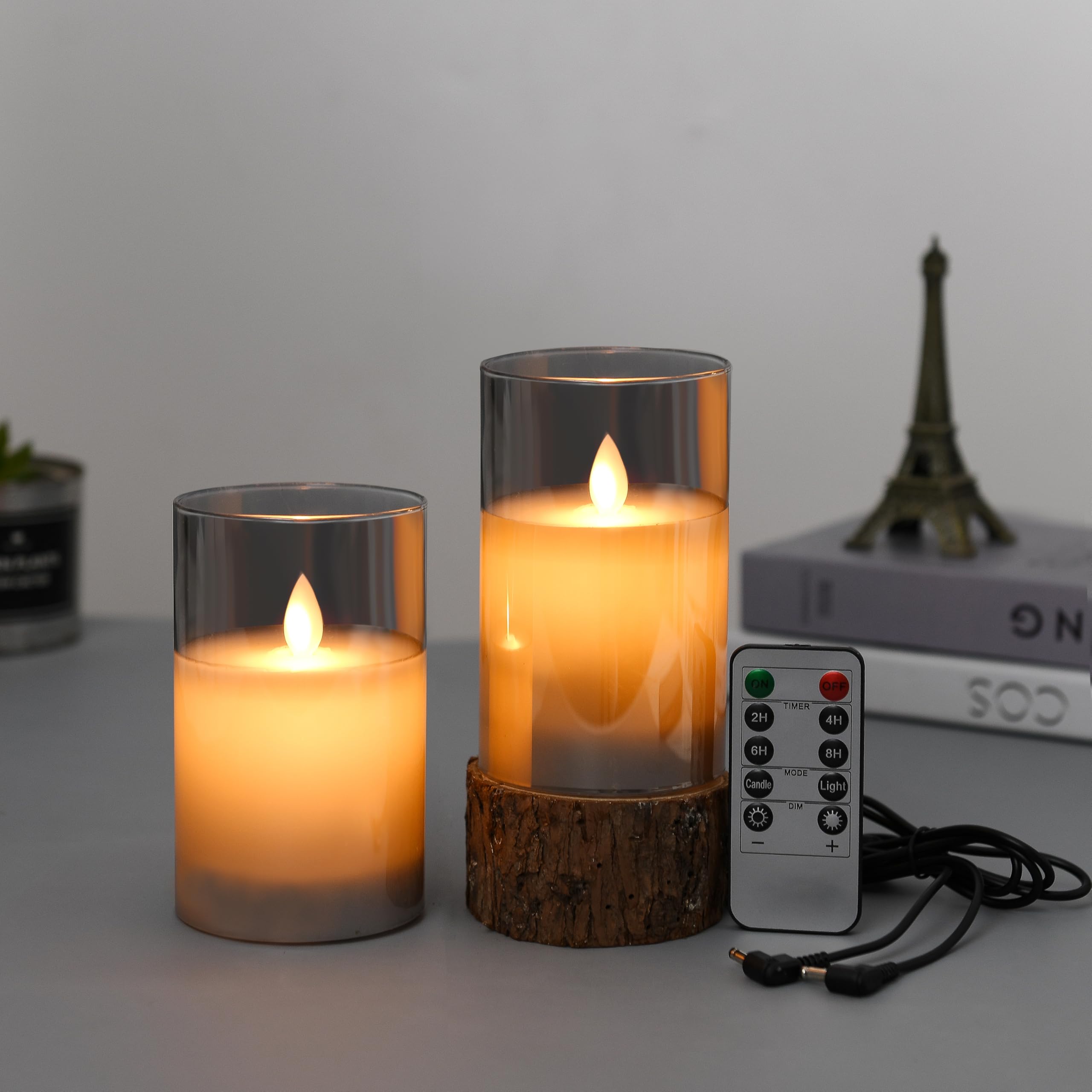 Lonkenn 2 pezzi Candele LED Ricaricabili, Fiamma Tremolante Candela LED con Grigio Vetro, Ricaricabili Candela con Telecomando e Timer per Natale Feste Decorazione Casa Matrimonio -15cm