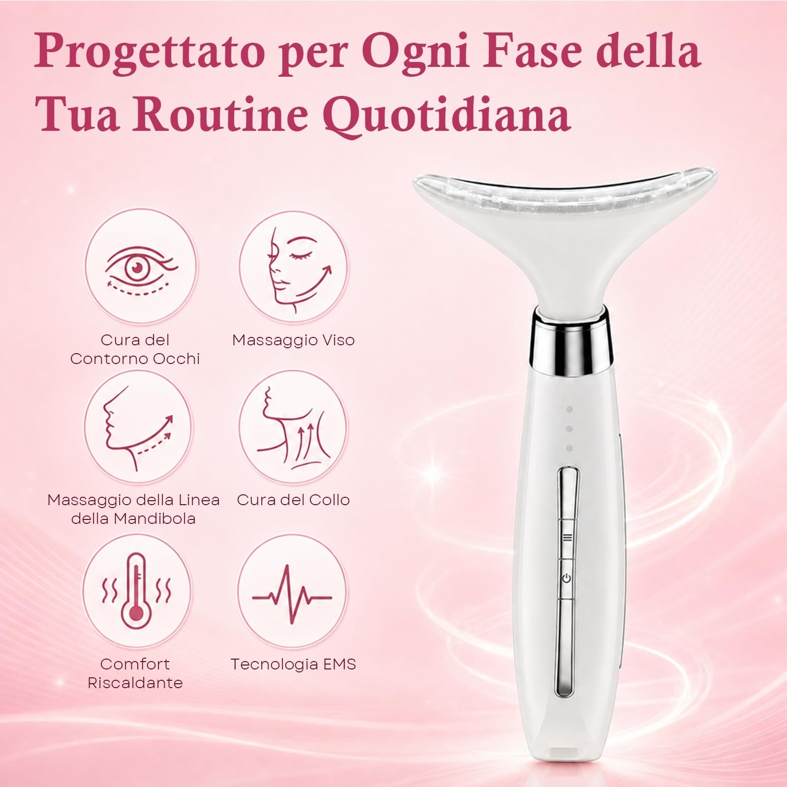 Massaggiatore Viso Lifting Antirughe Elettrico: 4-in-1 Apparecchio Massaggio Viso con 4 Testine Intercambiabili, Luce LED 3 Modalità, Calore 45°C, Massaggio Vibrante per Viso e Collo, per Uomo e Donna
