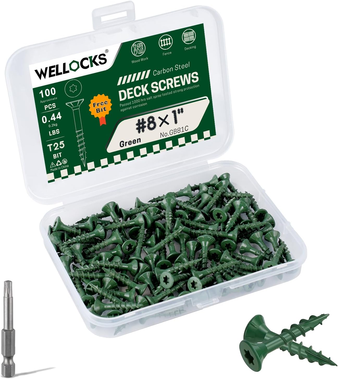 WELLOCKS Deck Screws, Wood Screws Superior Rust Resistant, Epoxy Coated, Above 1000 Hour Salt Spray Coating T25 Torx Star Bit Included for Outdoor Wood Fence (Trial Size 0.44LBS, #8×1")