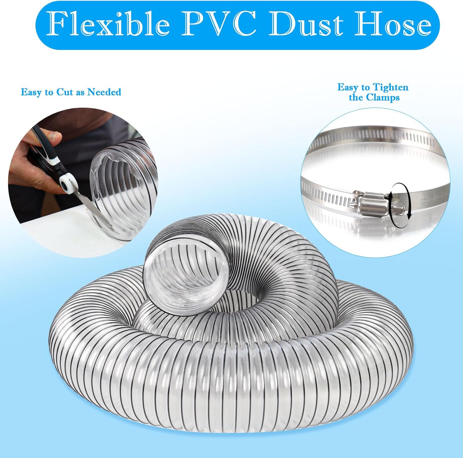 PVC Dust Collection Hose 6" x 10', Puncture Resistant 6 Inch Dust Collector Hose for Shop Vacuum,Woodworking Dust Collection Systems,Flexible Clear PVC Fume Debris Dust Hose Tube w/Carbon Steel Wire