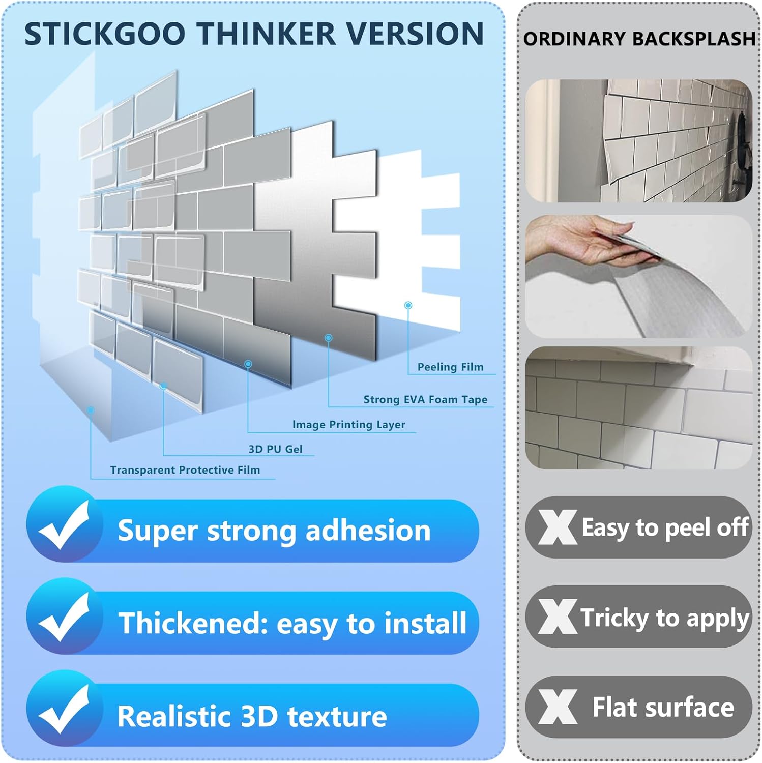 STICKGOO 10-Sheet Subway Tiles Self Adhesive Kitchen Splashbacks, Peel and Stick Wall Tile Stickers, Stick on Tiles Splashback (Light Grey, Thicker Design)