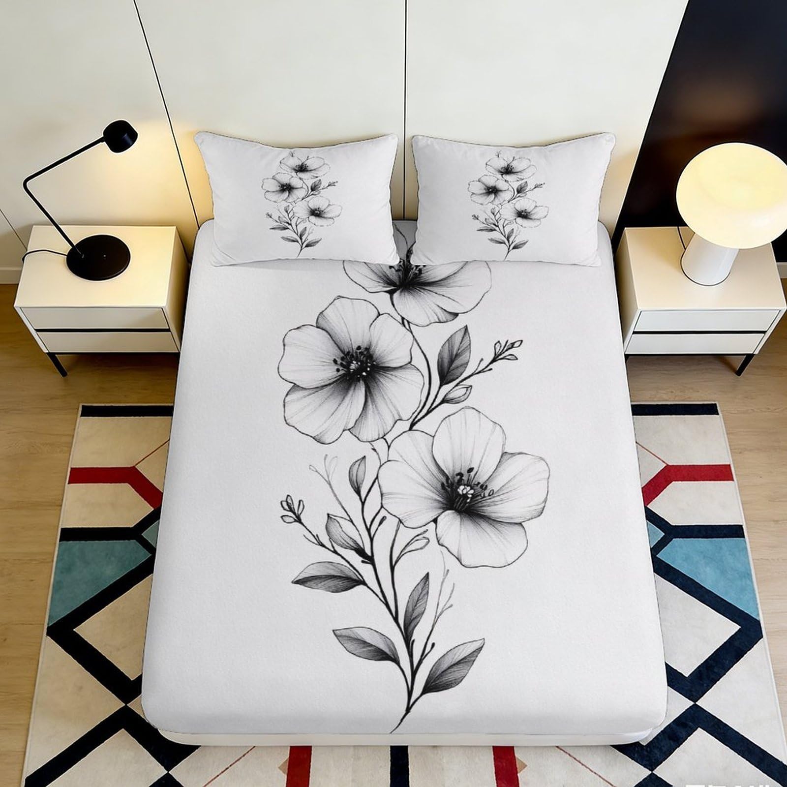 3D Printed Monochrome Floral Fitted Sheet Microfiber Soft Bed Cover Black White Botanical Mattress Cover for Bedroom Guestroom 90x200x25cm