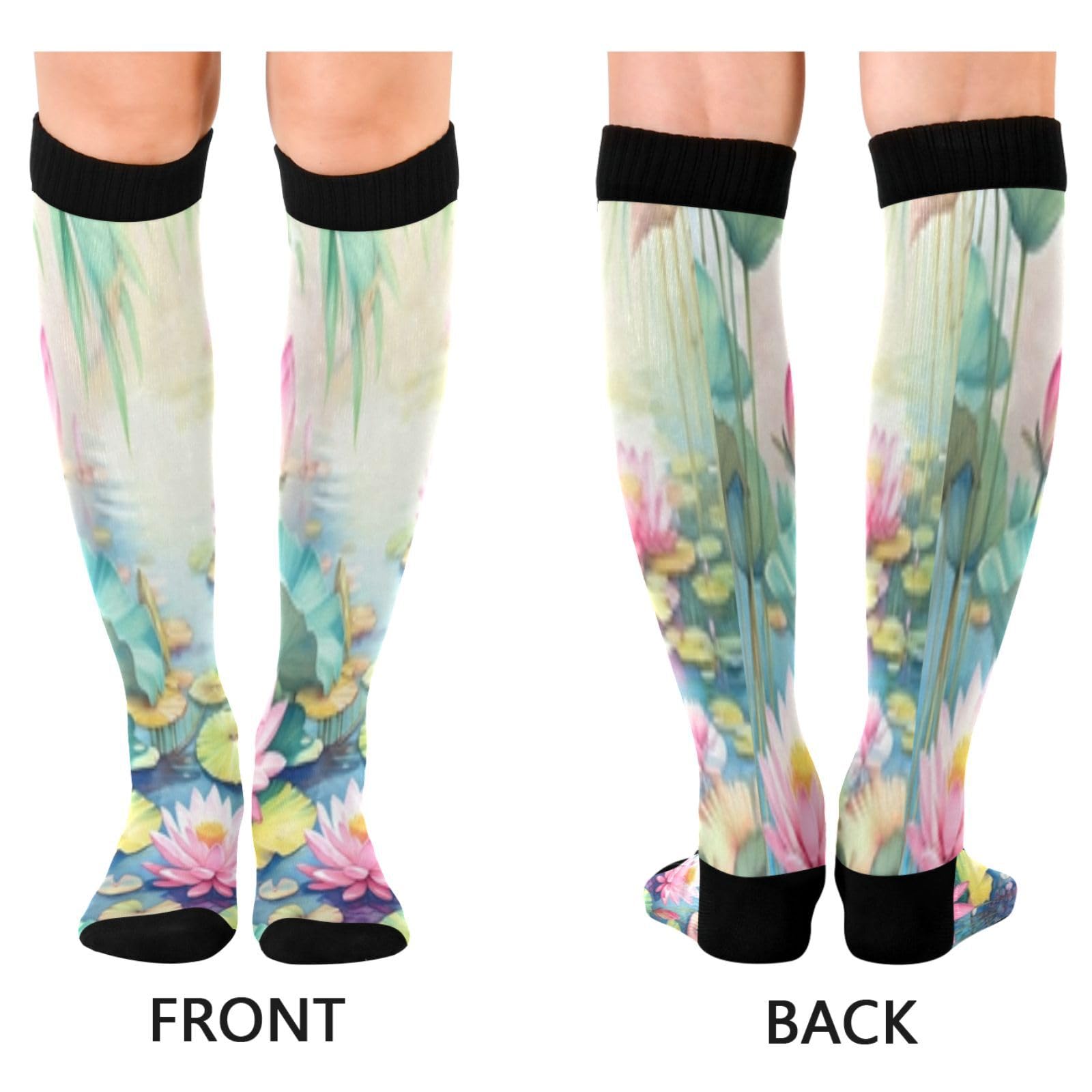 Wassud Watercolor Lotus Compression Socks for Women and Men 20-30 mmHg Knee High Socks for Nurses Travel Socks 2 Pair