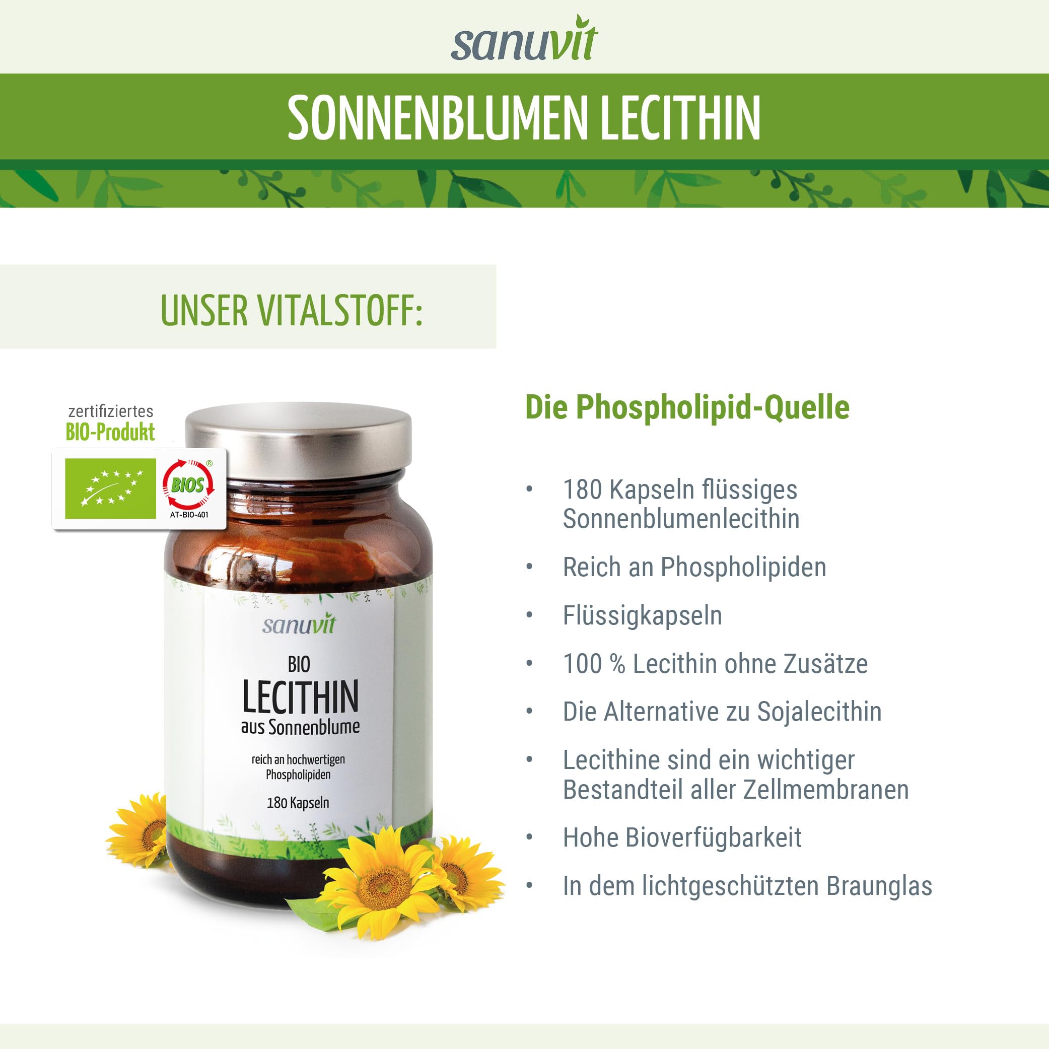 Sanuvit® - BIO Sonnenblumen-Lecithin Kapseln | 1200 mg pro Tagesdosis | Hochdosiert | Hohe Bioverfügbarkeit und Verträglichkeit | Vegan | Hergestellt in Österreich | 180 Kapseln
