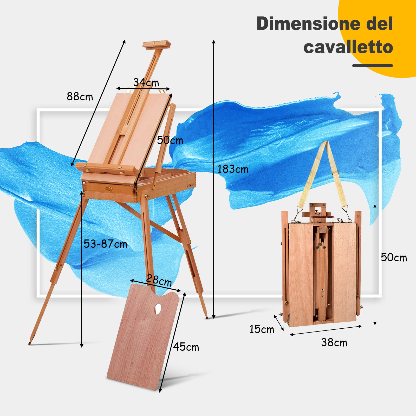 COSTWAY Caballete Madera con Estante Cajón, Caballete de Artista Plegable y Portátil, Madera de Haya, Caballete de Suelo para Lienzos Ajustable de Alto a 86 cm, 71 x 114 x 180 cm