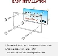 Vista 4 de RED WOLF Soporte de marco de matrícula de acero inoxidable con 4 agujeros, kit de cubierta de placa plateada con tapas de tornillos cromados, tuerca