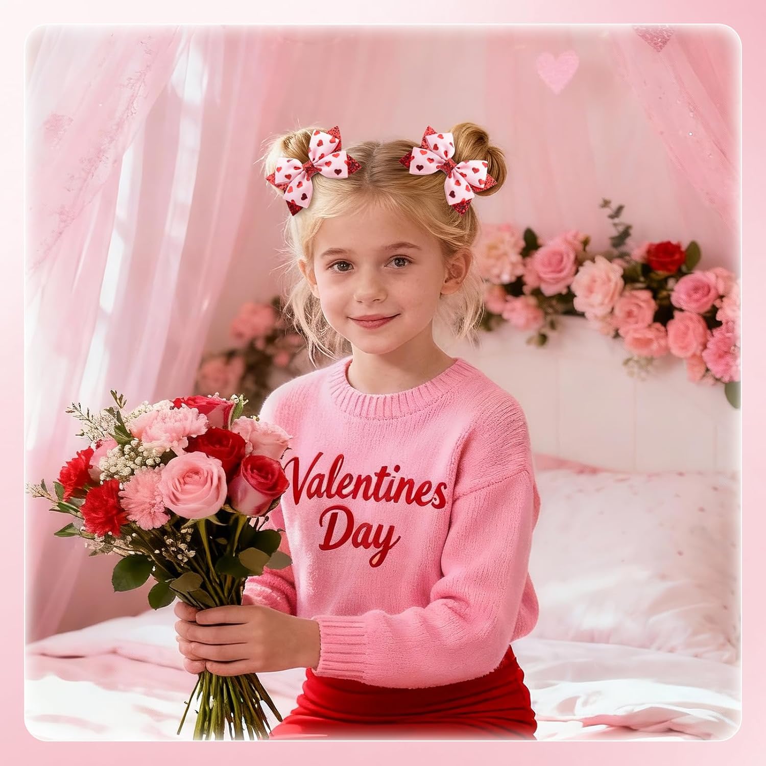 YanJie 3’’ 2Pcs Valentines Day Hair Bow Clips for Girls Pink Bows Hearts Hair Accessories for Women Glitter Hairpin Red Hair Clip - Image 2