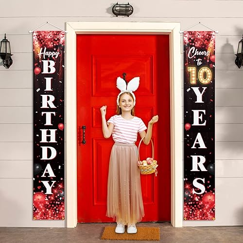 Miniatura 5 de Letrero de feliz cumpleaños número 10 para puerta, color rojo y negro, decoración temática de fiesta de cumpleaños con purpurina para niños y niñas,
