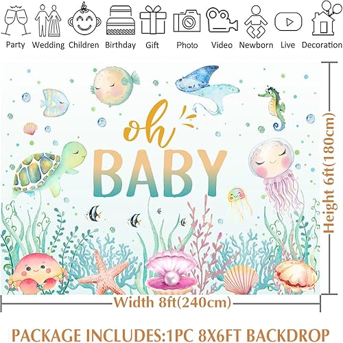 Miniatura 10 de Avezano Fondo de baby shower bajo el mar, tortuga de vida marina oceánica Oh Baby Shower fondo de fiesta de mundo submarino para bebé recién nacido,