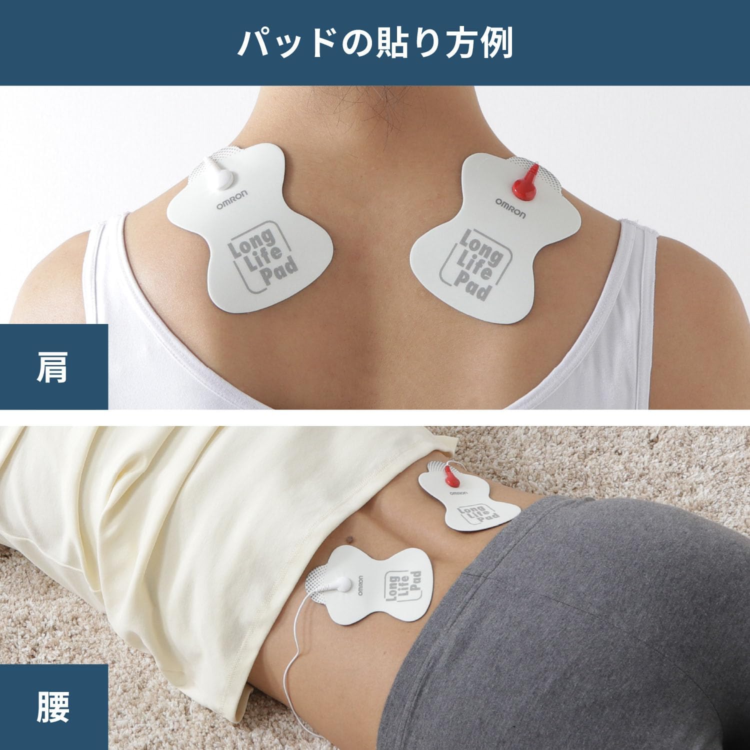 Detailed examples of Omron Long Life Pads applied to the shoulders and lower back.