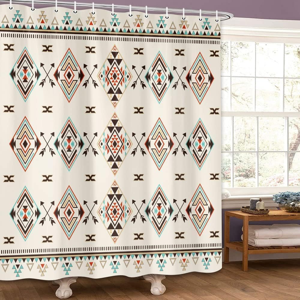 Aztec Shower Curtain, Southwest Geometric Native American Pattern Tribal Navajo Boho Fabric Shower Curtains Set, Bohemian Modern Home Bathroom Curtain Sets, 69X78 Inches with Hooks, Beige