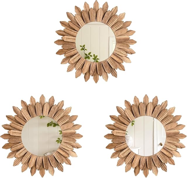 LOSOUR Boho mur Décor Miroir d'explosion solaire 3 Pack Miroir en bois rond rustique 12 inch Boho Miroir Maison Décor Ferme Décorations pour Chambre Salon Entrée