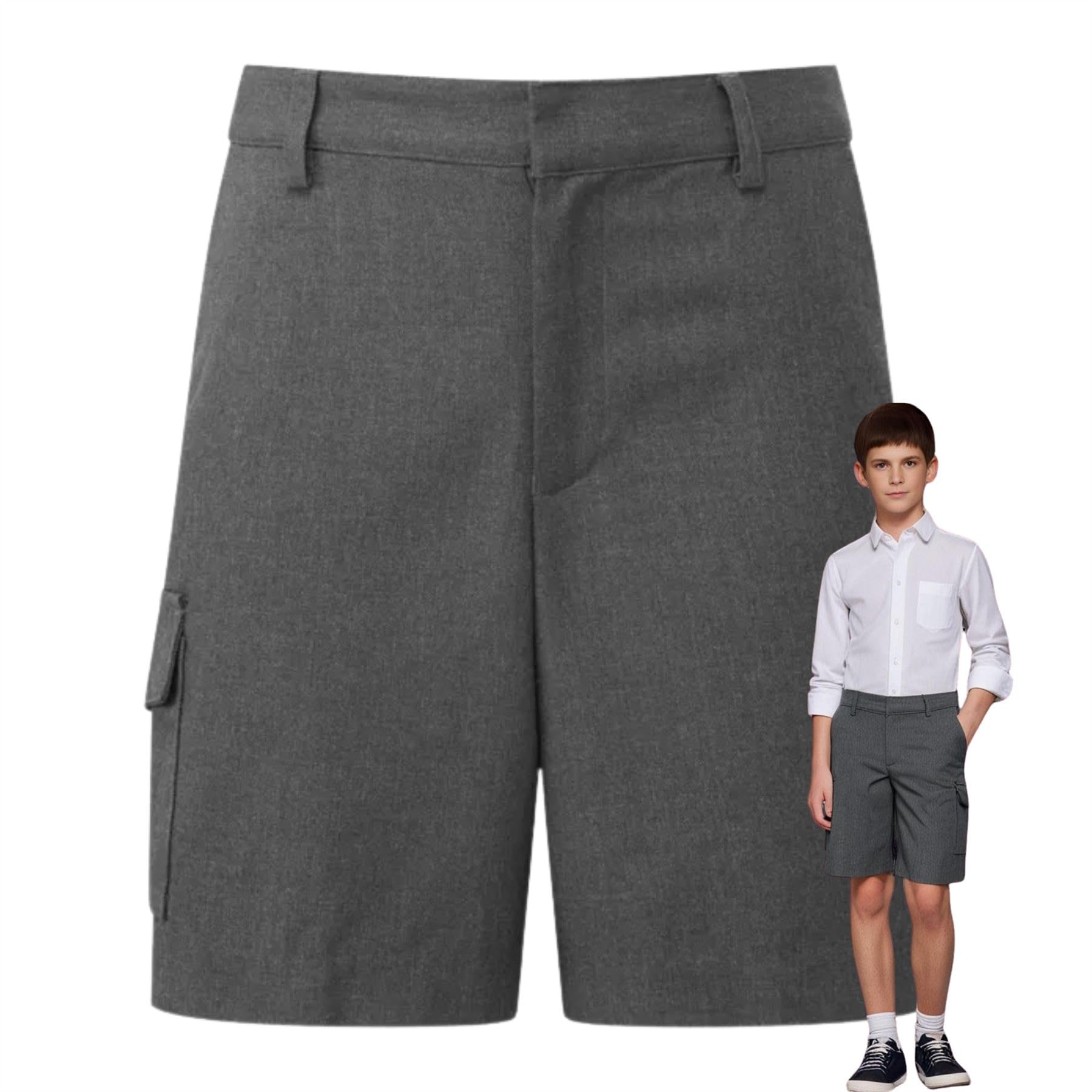 Pantaloncini cargo per ragazzi, vita regolabile, tinta unita, pantaloncini scolastici, eleganti e pratici, uniforme scolastica estiva per età 2-16 anni, nero e grigio, Grigio, 11-12 Anni