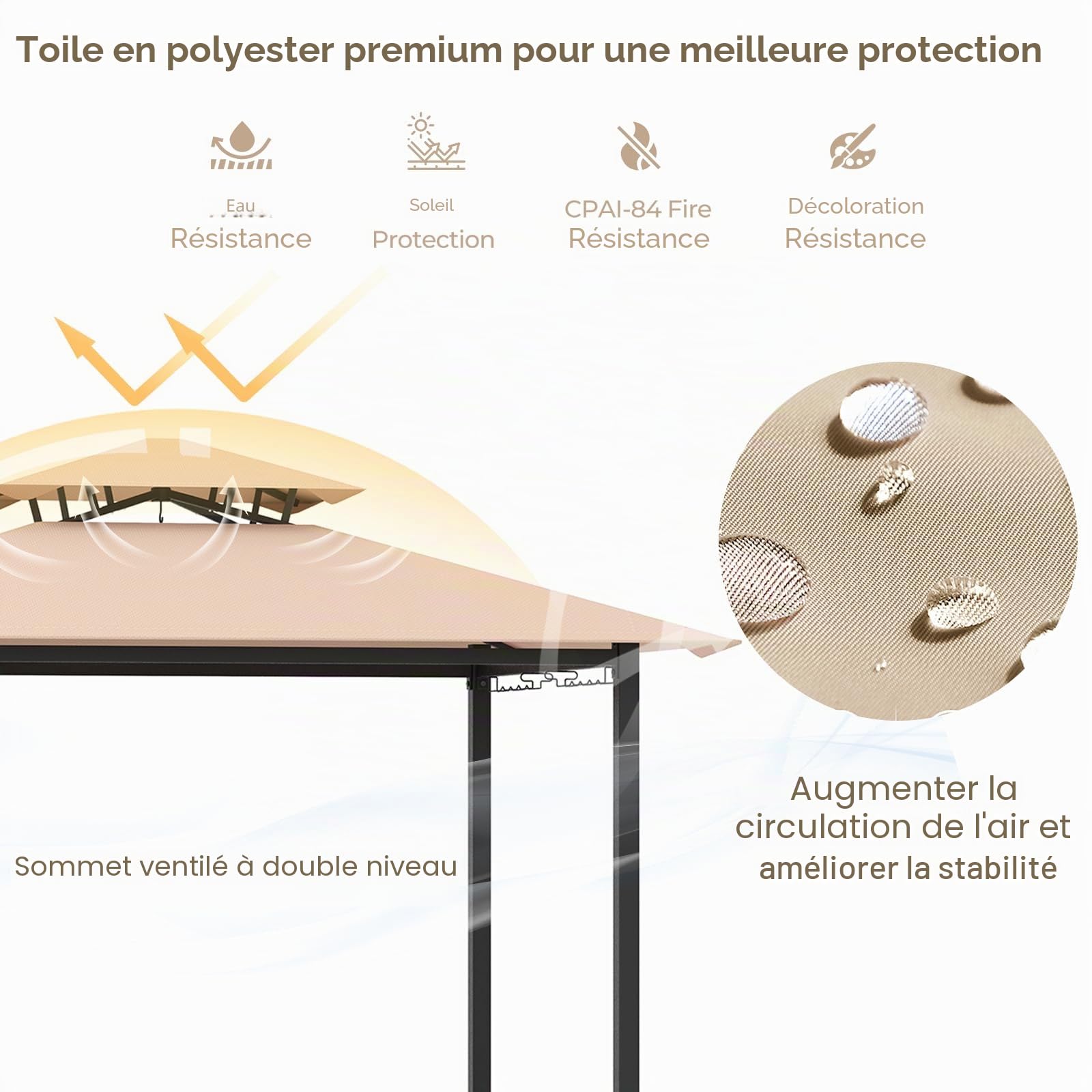 HOMASIS Gazebo pour Barbecue avec Banc de Bar et 2 Tabourets, Tonnelle Extérieure Résistante avec Double Toit, Pergola Résistante à la Pluie et au Feu (Marron, 194 x 121 x 242 cm)