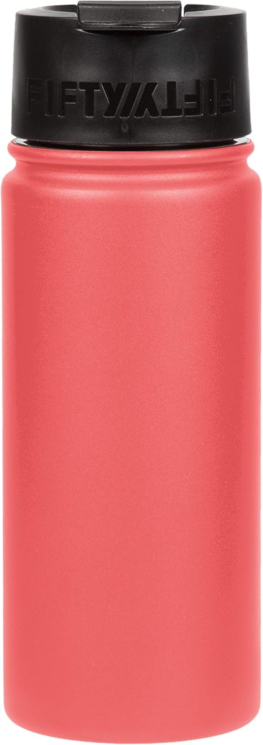 FIFTY/FIFTY 16oz, Double Wall Vacuum Insulated Café Water Bottle, Stainless Steel, Flip Cap w/ Wide Mouth, Coral, 16oz/473ml