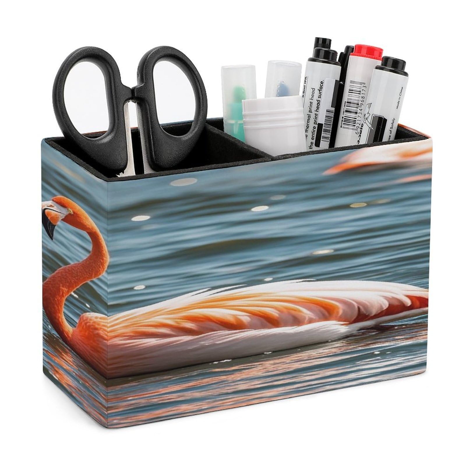 LZQPOEAS Flamingo Leather Pen Holder with 2 Compartments Luxury Pencil Holder Minimalist Pencil Cup Brush Scissor Holders Elegant Pen Cup for Office Home Desk Accessories