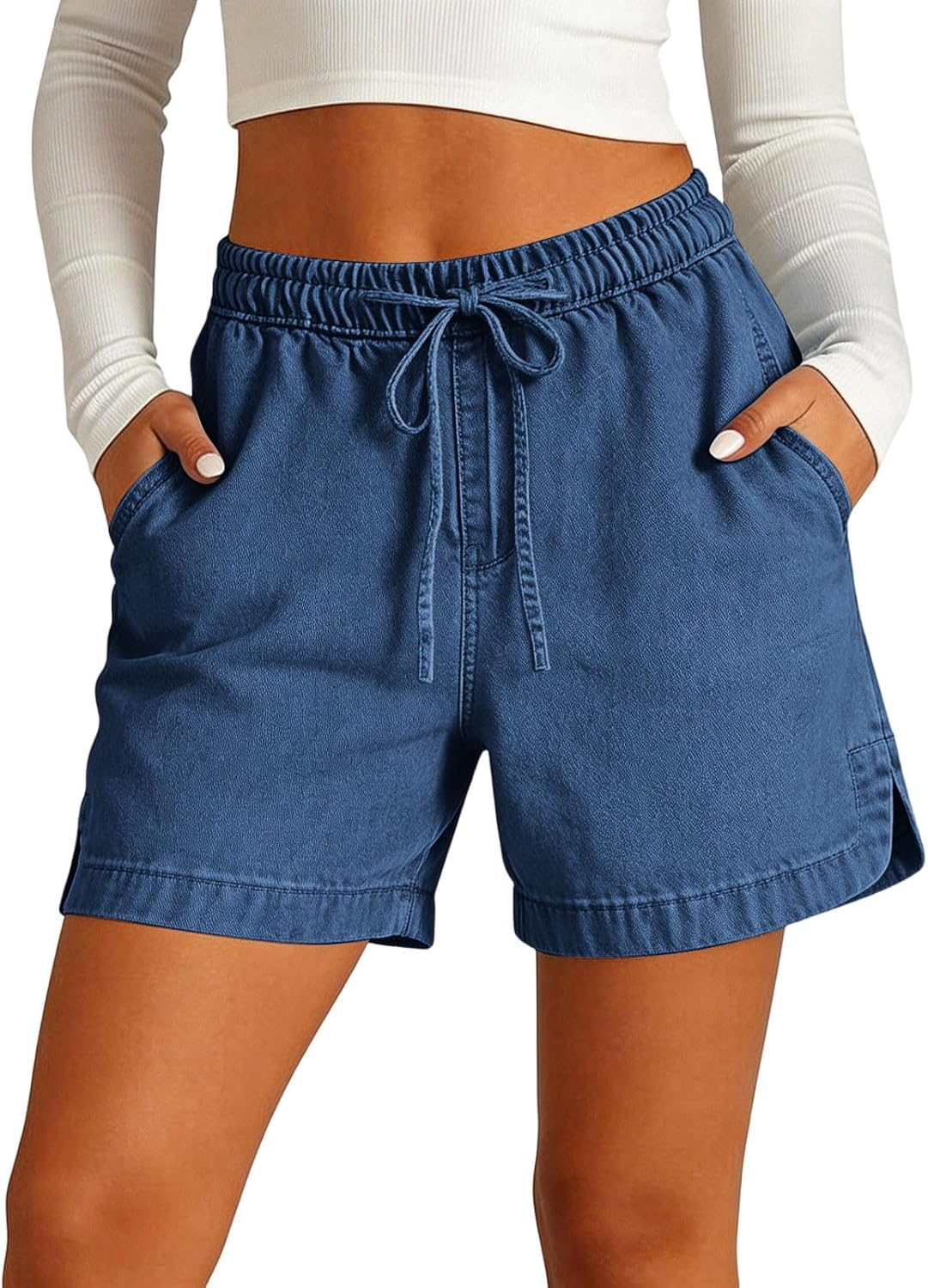 Denim Shorts for Womens Drawstring Elastic Waistband Summer Beach Outfits Casual Loose Fit Short Pants with Pockets