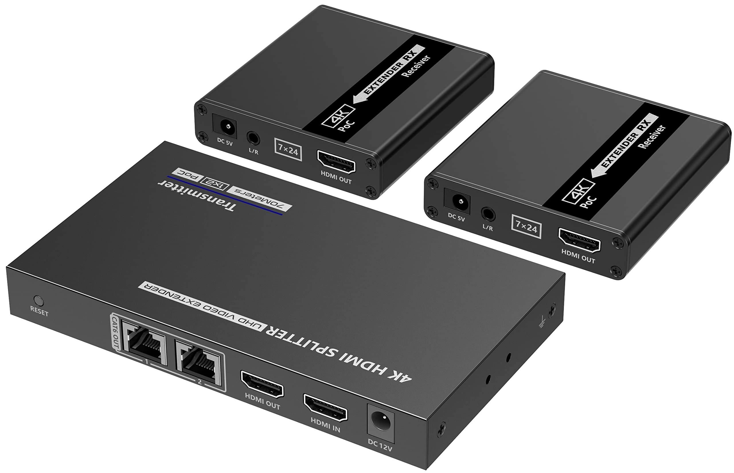 PremiumCord HDMI 1-2 Splitter + Extender via Cat6 / 6a / 7, Ultra HD 4K @ 30Hz à 70m, Habillage en Métal, 2 Destinataires avec Alimentation, Dolby TrueHD, 3D, EDID, CEC, HDCP2.2