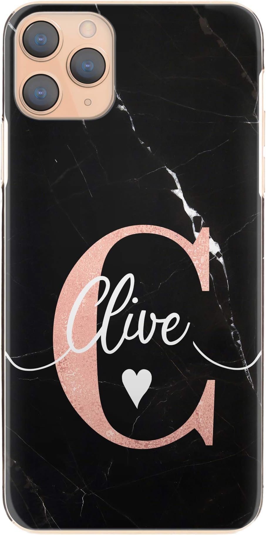 Personalized Initials Cell Phone Case for Asus Zenfone 5 ZS620KL / 5z ZS620KL, Pink Initial White Heart Name on Black & White Marble Print Hard Cell Phone Cover, Marble Case