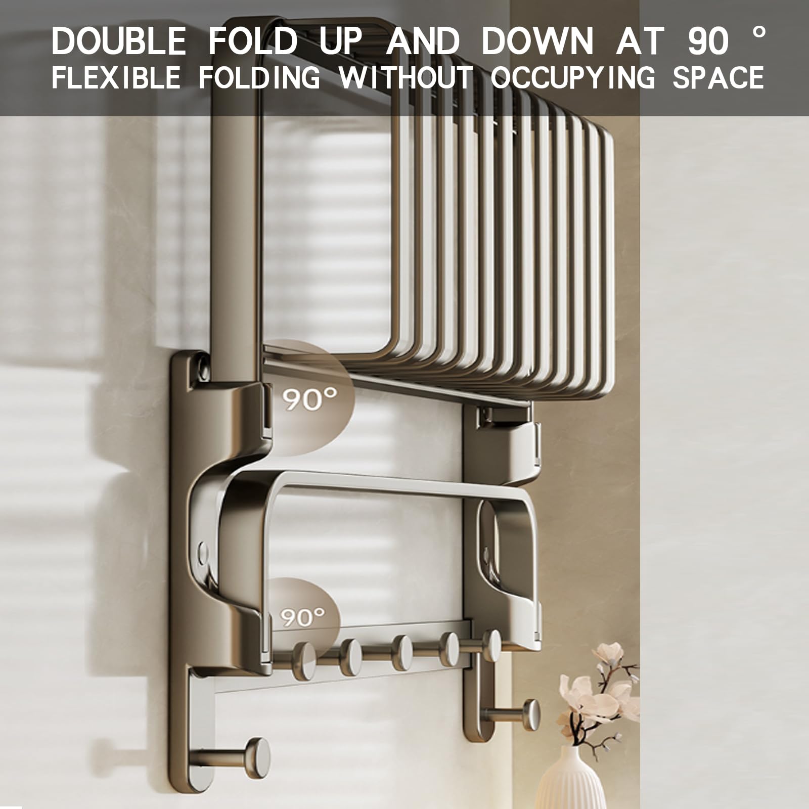 Toallero de pared de aluminio con doble barra y ganchos, autoadhesivo, para cocina y baño, 50 cm