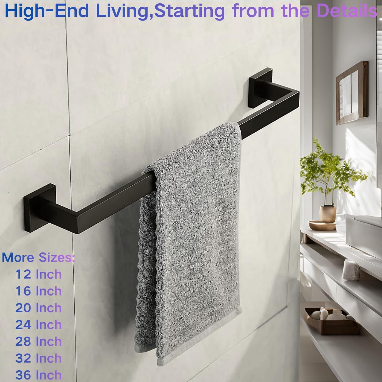 20 Inch Towel Bar for Bathroom 12/16/20/24/28/32/36 Inch Kitchen Towel Holder Matte Black Towel Rod Wall Mounted SUS304 Rustproof Towel Rack Modern Square Design (1, Matte Black, 20 Inch)