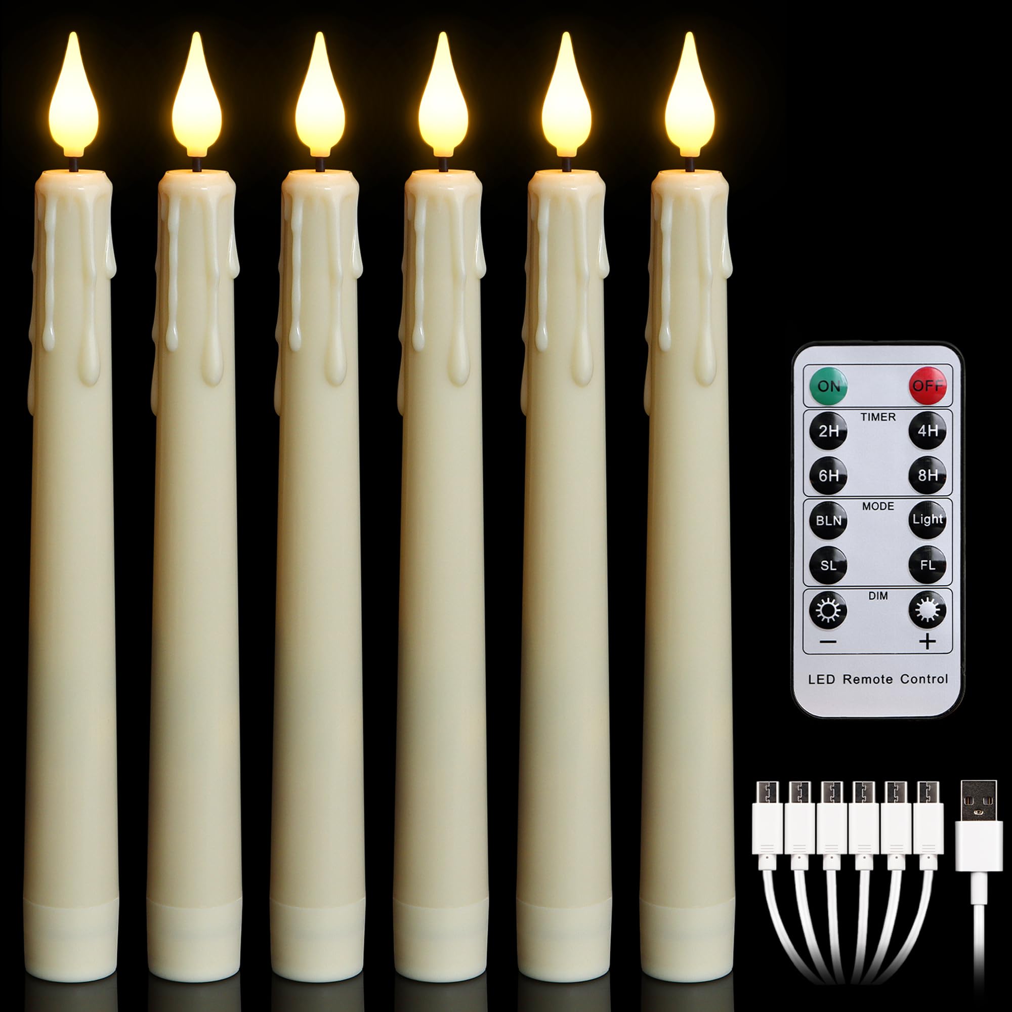 AiiBowy Bougies LED Sans Flamme [6PCS] Bougie Conique LED, En Véritable Cire, Télécommande, Bougies D'extérieur, Bougies Vacillantes Fonctionnant Sur Piles, Décoration D'ambiance Noël Halloween Lvoire