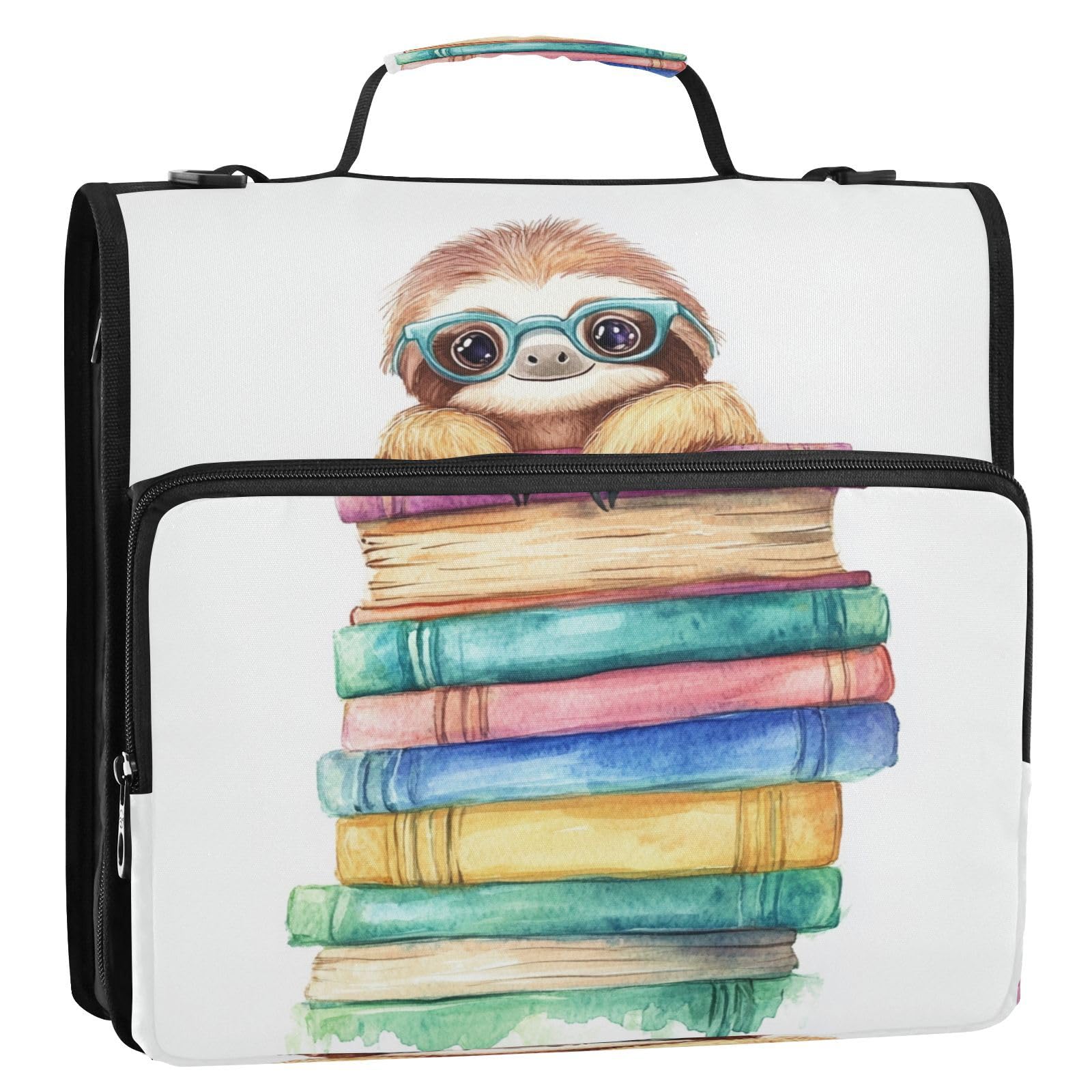 Sloth Book White Zipper Binder with Adjustable Shoulder Strap D Ring 1.5 Inch 3 Ring Portfolio Organizer for Office School