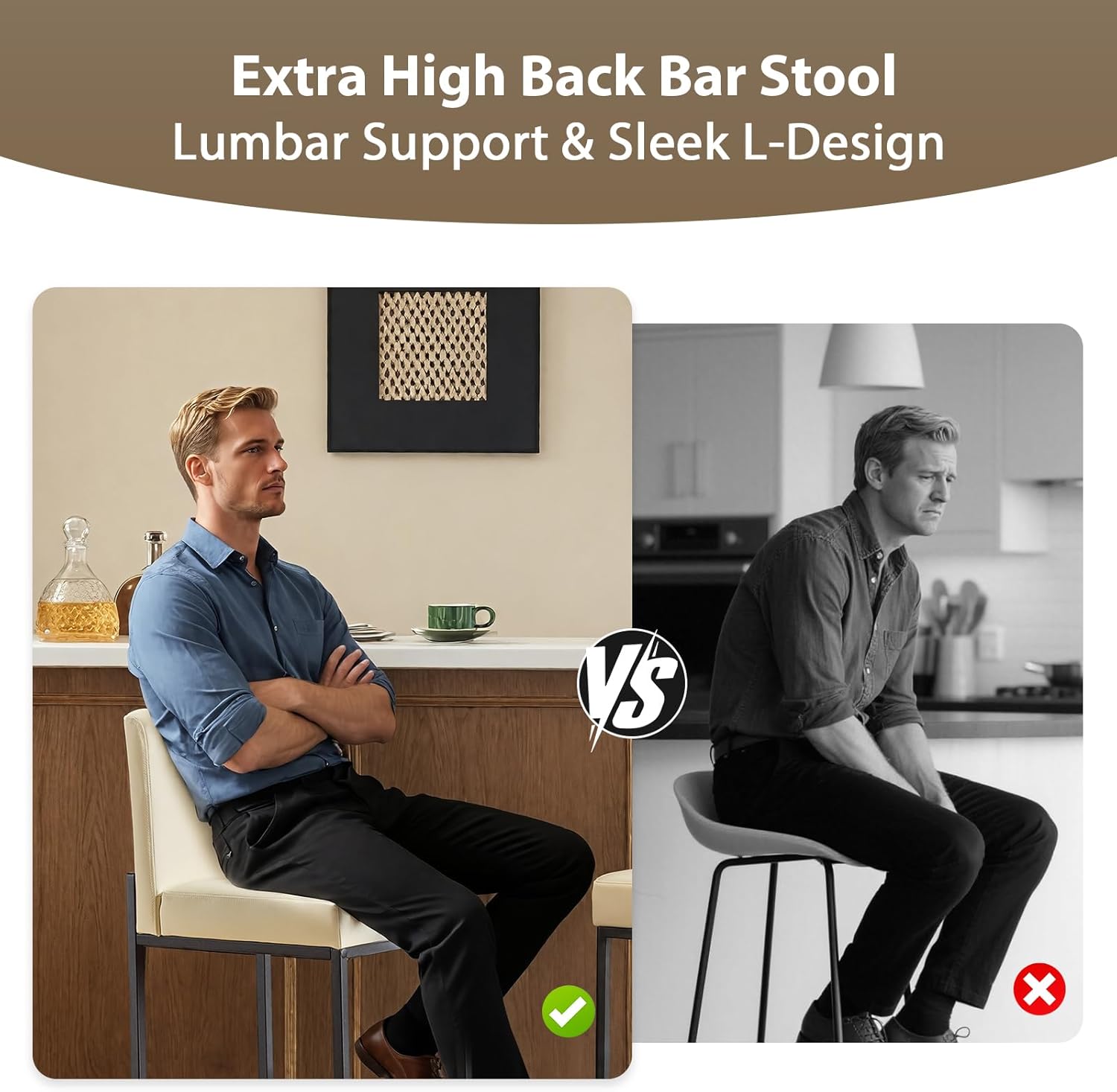 Bar Stools Set of 2, 30" Bar Height Barstools with Back, Upholstered Faux Leather Bar Chairs Modern Bar Stool for Kitchen Island & Home Bar, Metal Legs, Beige