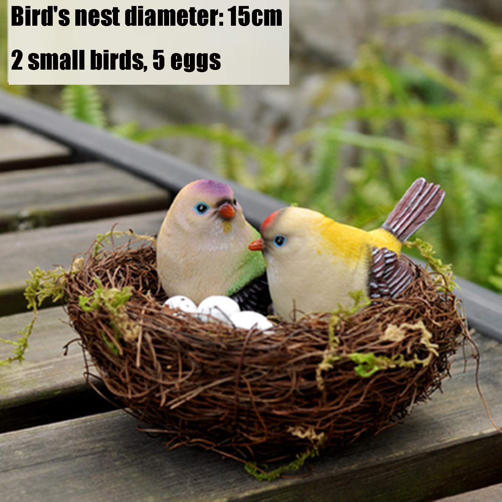 Nidi per Uccelli Nido di Uccello Intrecciato a Mano con 2 polli Decorativi e 5 Uova, Decorazioni per Birdhouse all'aperto, Diametro 15 cm