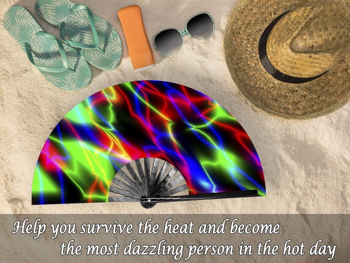 OMyTea Large Rave Clack Folding Hand Fan for Men/Women - Chinese Japanese Bamboo Handheld Fan - for EDM, Music Festival, Club, Event, Party, Dance, Performance, Decoration, Gift (Neon Lights)