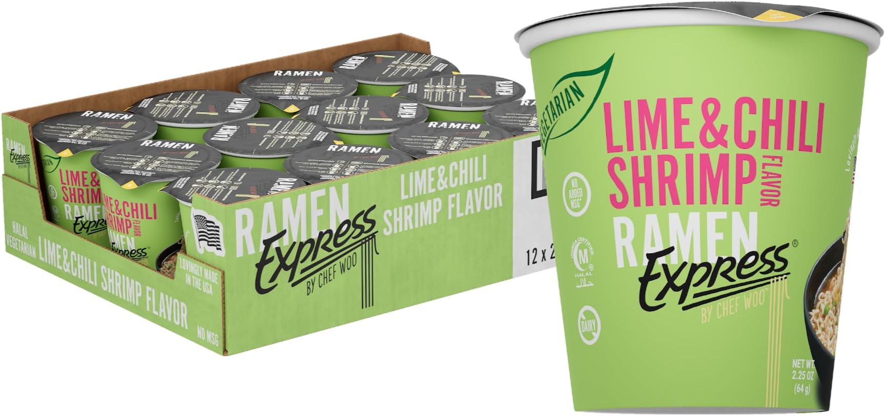 RAMEN EXPRESS Lime Chili Shrimp Flavor Ramen Cup Noodle, 2.25 Oz Each (Pack Of 12) | Animal-free Ramen Noodles | All Plant-based | Made in U.S. with finest American flour