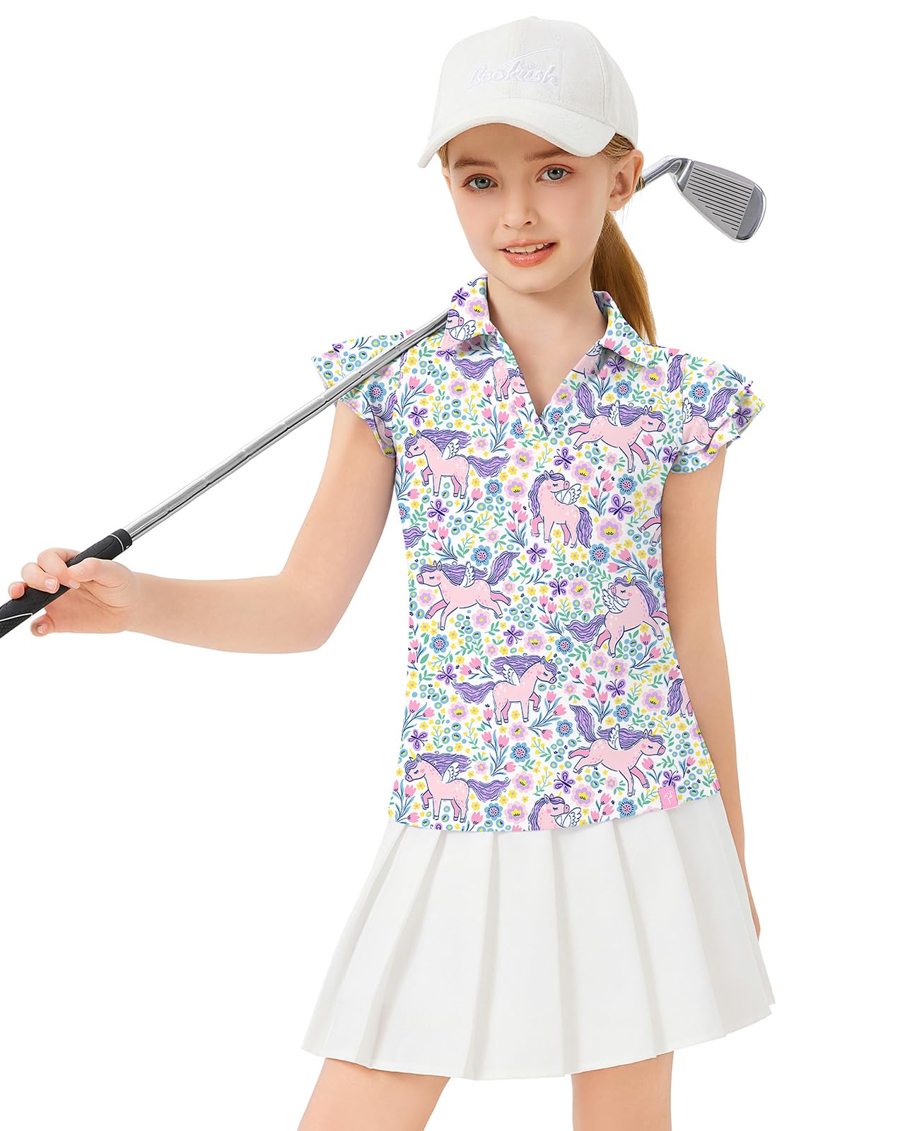 Soneven Girls Ruffle Sleeve Polo Shirts V-Neck Golf Tennis T-Shirts Uniform Shirts Quick Dry for 4-14 Years