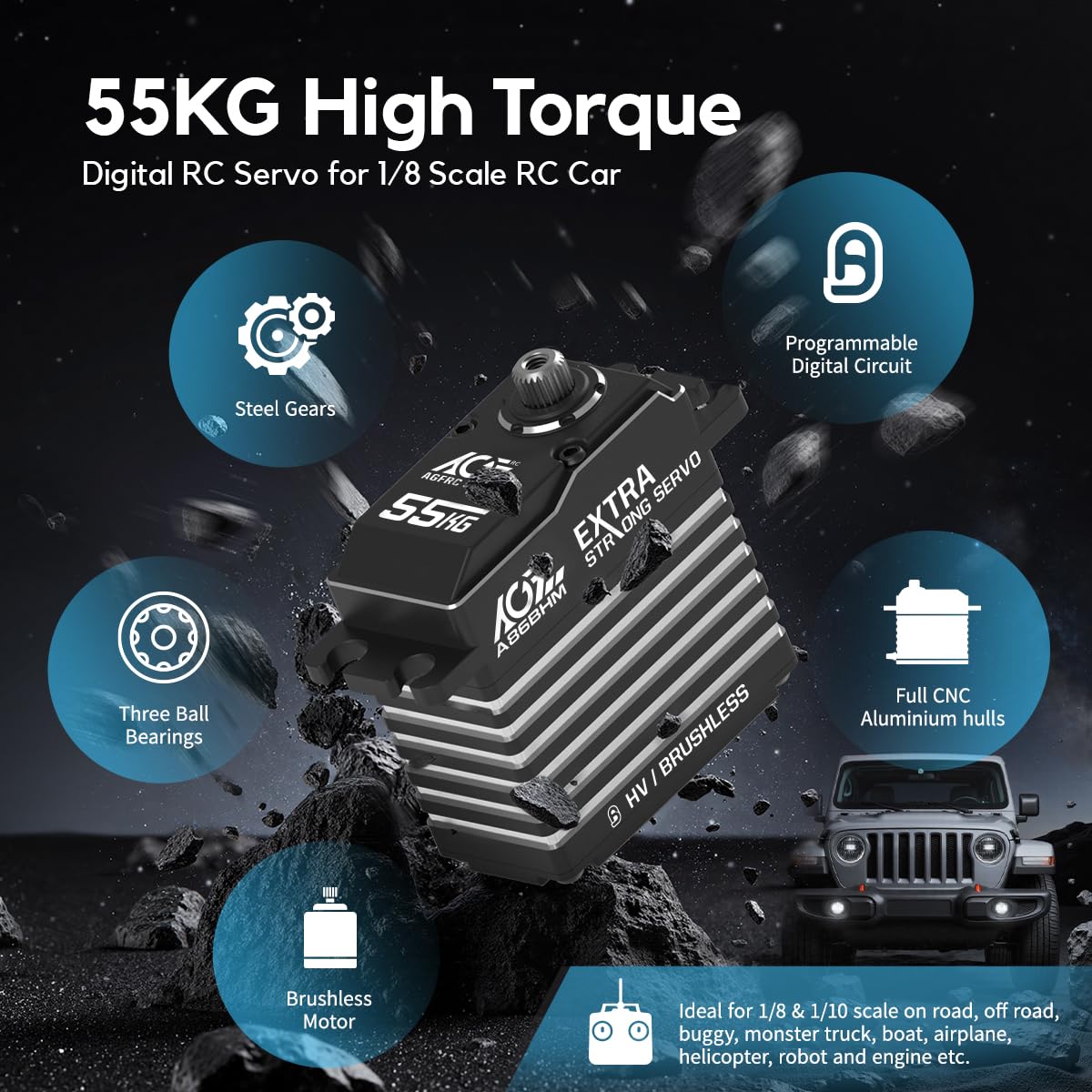AGFRC 55KG Digital-Sterzo-Servo ad alta coppia programmabile - Full Metal Gear Brushless Servo per 1/8 1/10 modelli RC, angolo di controllo 180 ° (A86BHM)